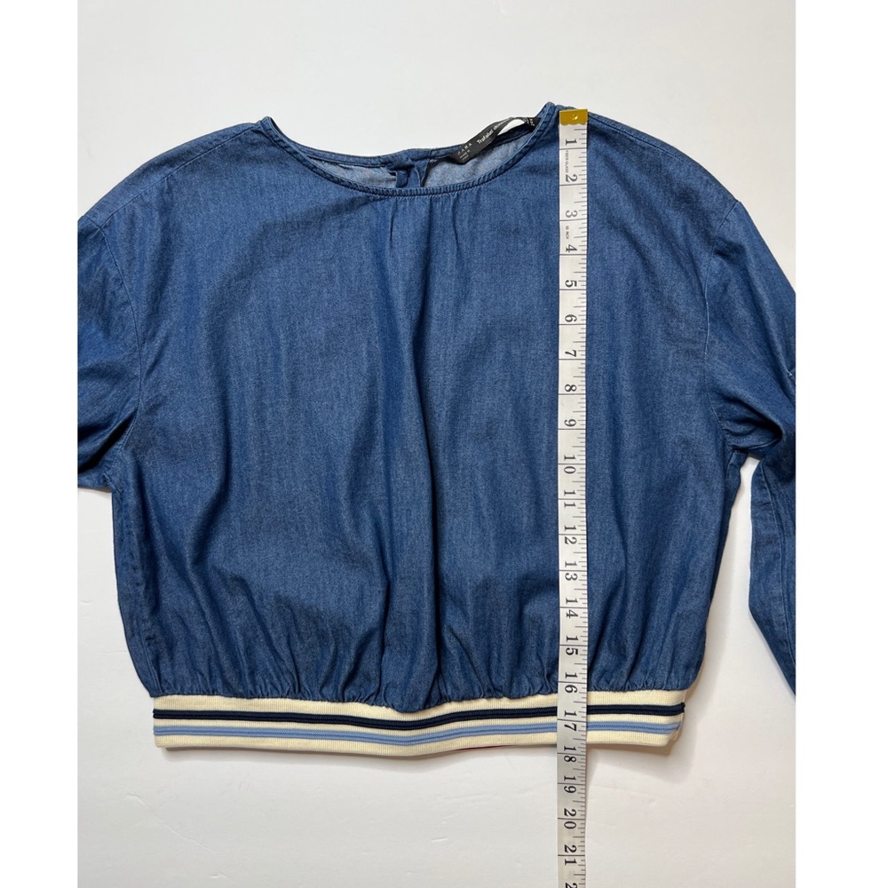 ZARA Trafaluc denimwear Denim Long Sleeve Back Buttons Cropped Top Sz M - Picture 9 of 12